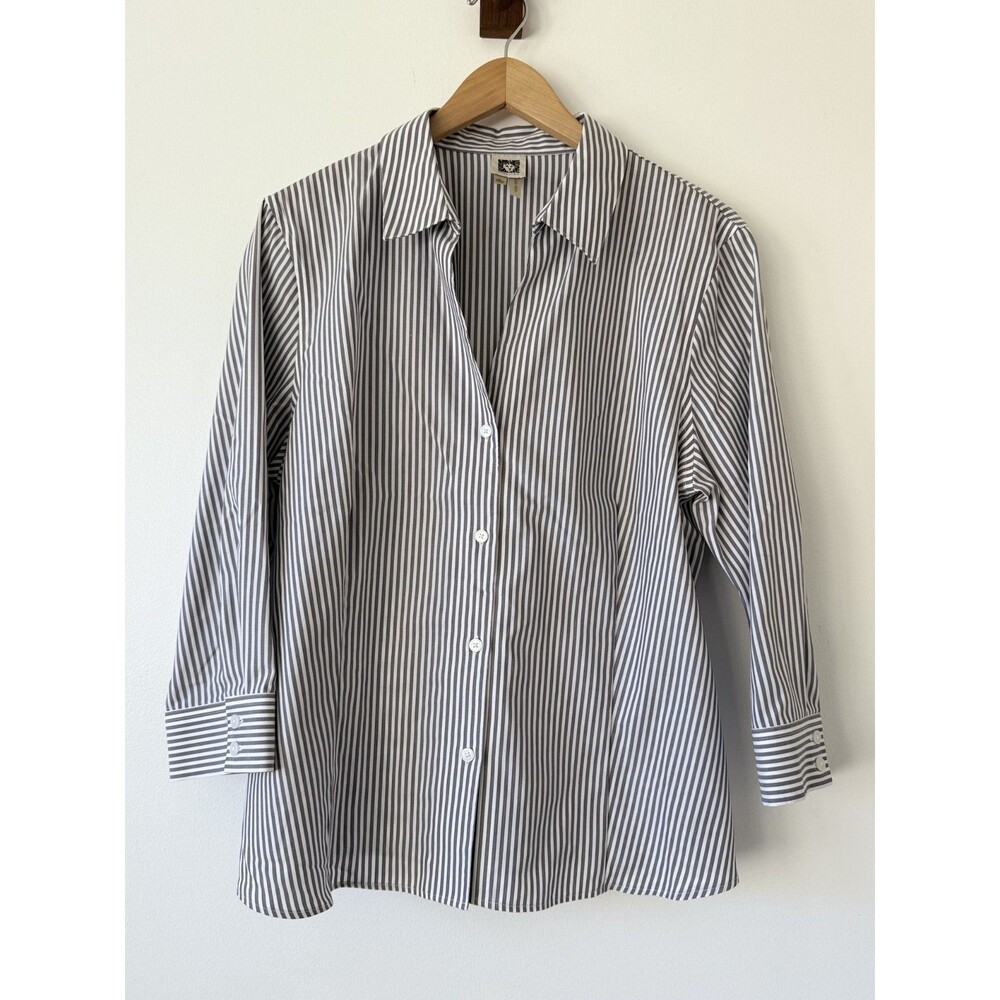 Ann Klein Tailored Non-Iron Striped Shirt Gray White Sz XL Corpcore Capsule